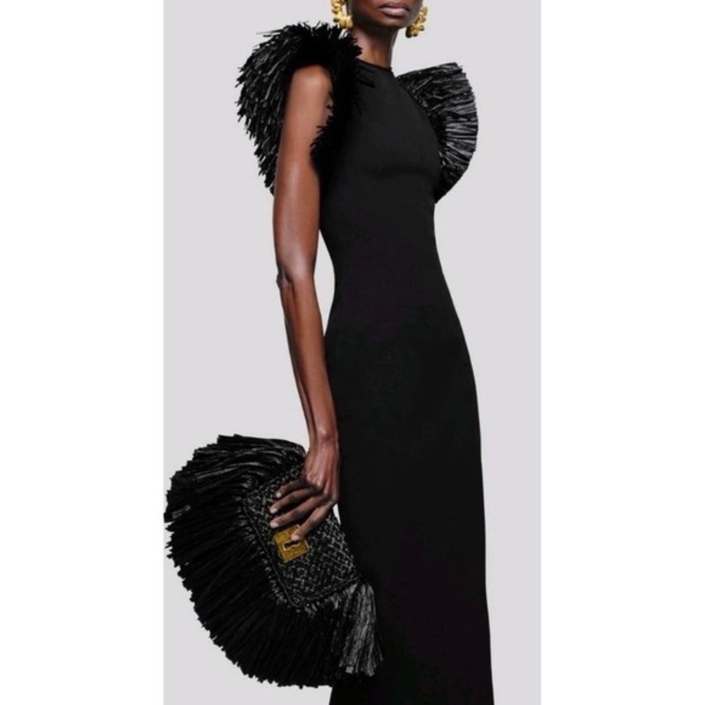 Schiaparelli Black Fringe Shoulder Midi Gown‎ Dress RO70195000 Size S NWT $8200